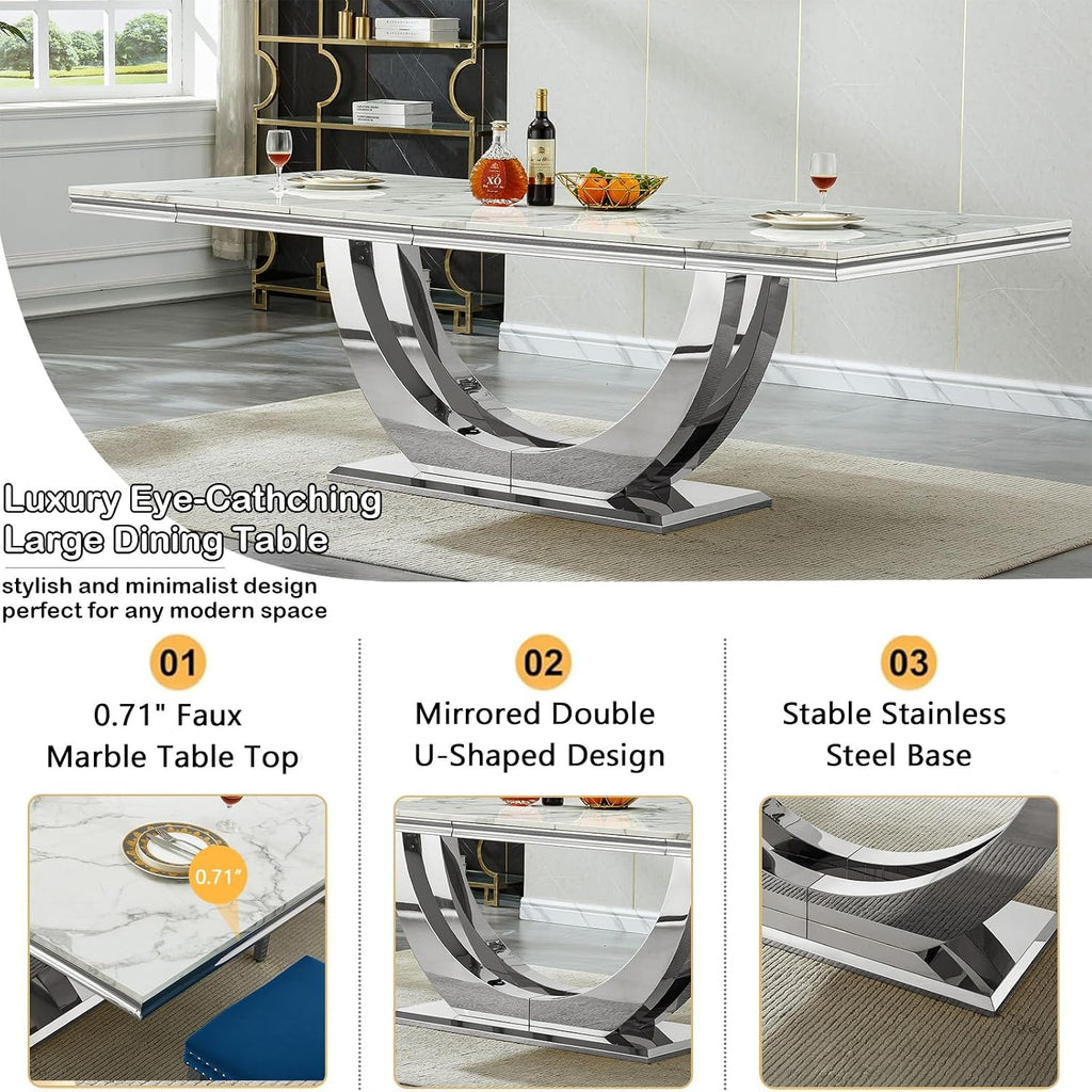 9-Piece Modern Dining Table Set with 8 Chairs, 94.5" Large Marble Kitchen Table & Grey Upholstered Chairs Set for 8, White Dining Room Table Set with Silver Stainless Steel Frame & Faux Mable Top