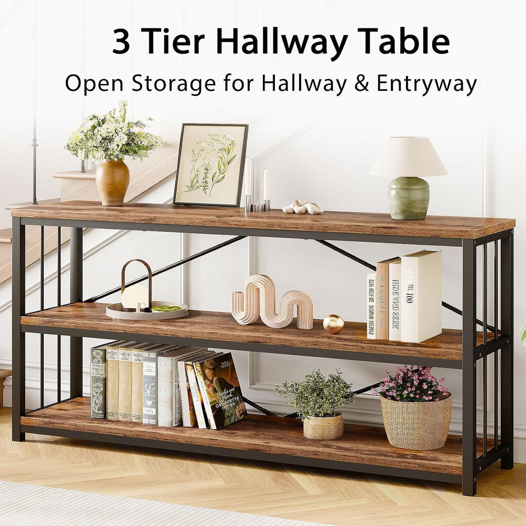 LVB Farmhouse Industrial Console Table for Home, Rustic Brown, 70 Inch | Wood Metal Foyer Entryway Sofa Tables with Storage, 3 Tier Long Rustic Entry Table TV Stand with Shelves for Living Room