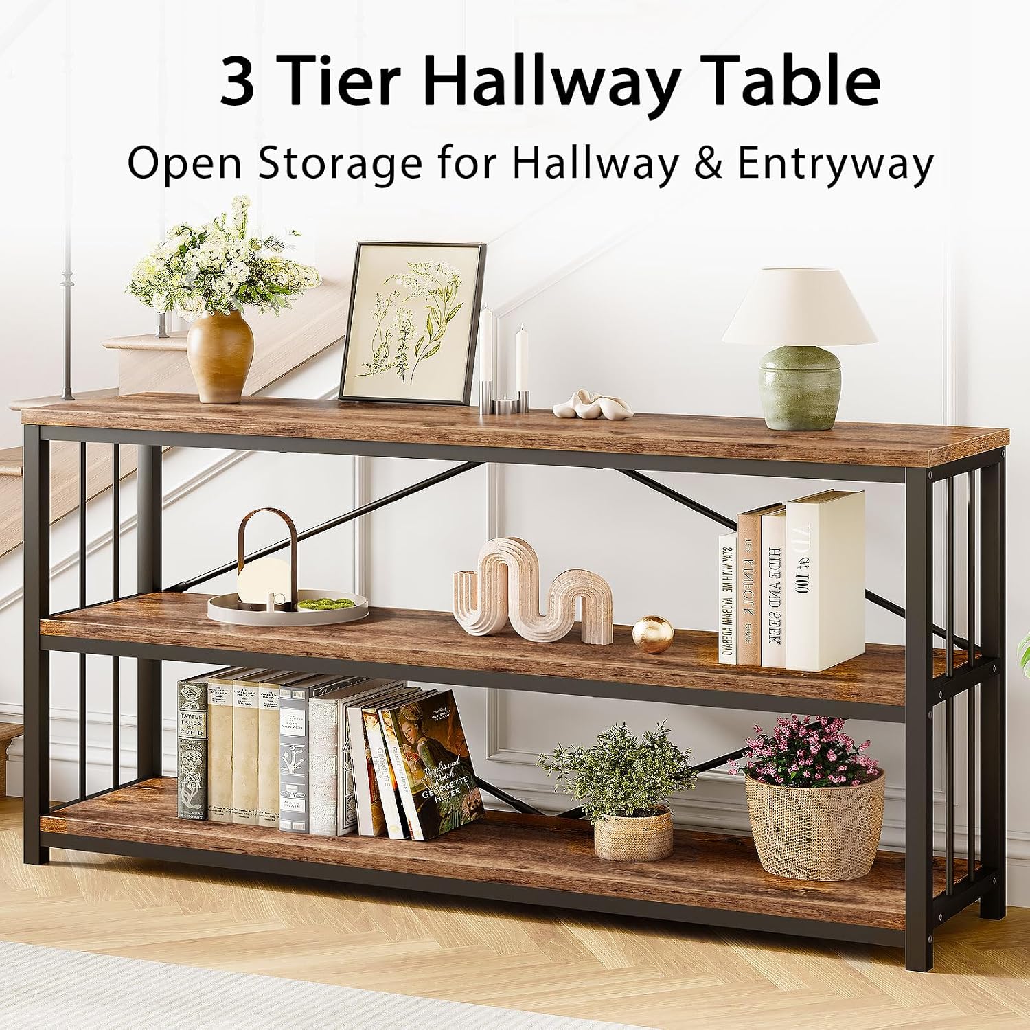 LVB Farmhouse Industrial Console Table for Home, Rustic Brown, 70 Inch | Wood Metal Foyer Entryway Sofa Tables with Storage, 3 Tier Long Rustic Entry Table TV Stand with Shelves for Living Room