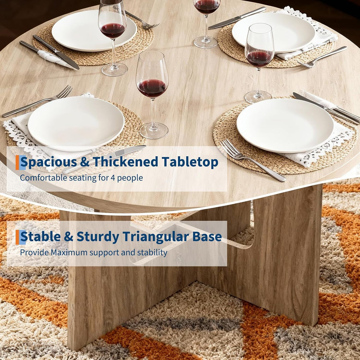 Round Dining Table for 4, 43.3'' Small Kitchen Table with Sturdy Pedestal Base, Wooden Dining Room Tables, Farmhouse Circle Dinner Tables for Living Room, Small Spaces, Space Saving, Natural Wood