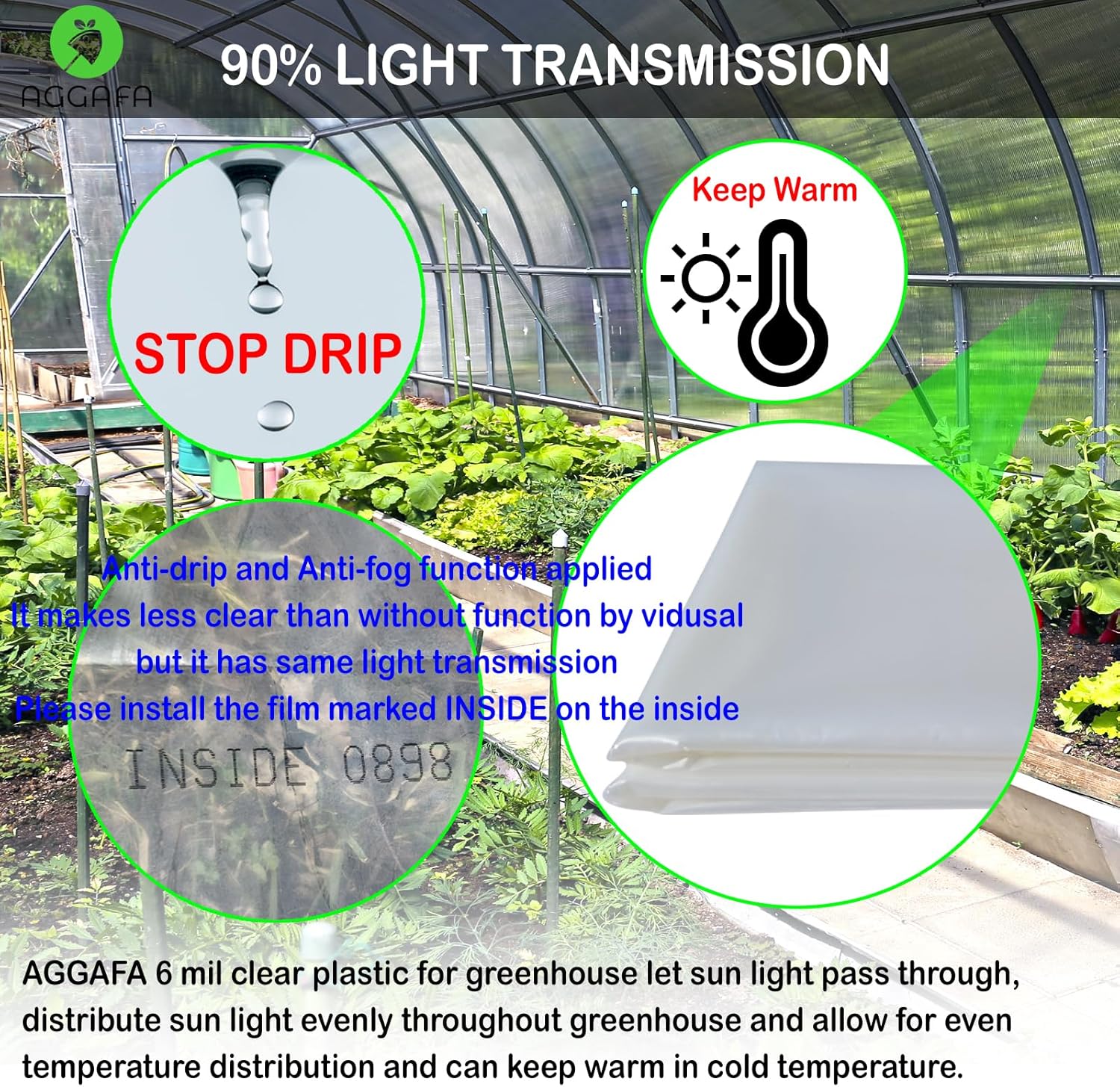 6 mil (12ft x 25ft) 100% Virgin Material. 5Layers Advanced Extrusion Technology for UV Protection, Anti-drip, Anti-Fog, Thermal and Strength. 4Years Lifetime UV Resistant Greenhouse Plastic