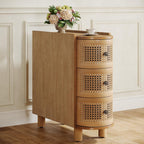 Tribesigns Solid Wood End Table, 3-Drawer Rattan Side Table, Night Stand with 3 Rattan Drawers and Embossed Handles for Living Room, No Assembly Required (1, Oak)