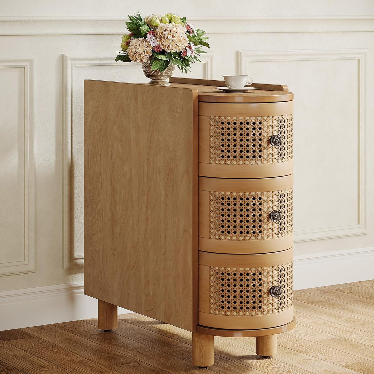 Tribesigns Solid Wood End Table, 3-Drawer Rattan Side Table, Night Stand with 3 Rattan Drawers and Embossed Handles for Living Room, No Assembly Required (1, Oak)