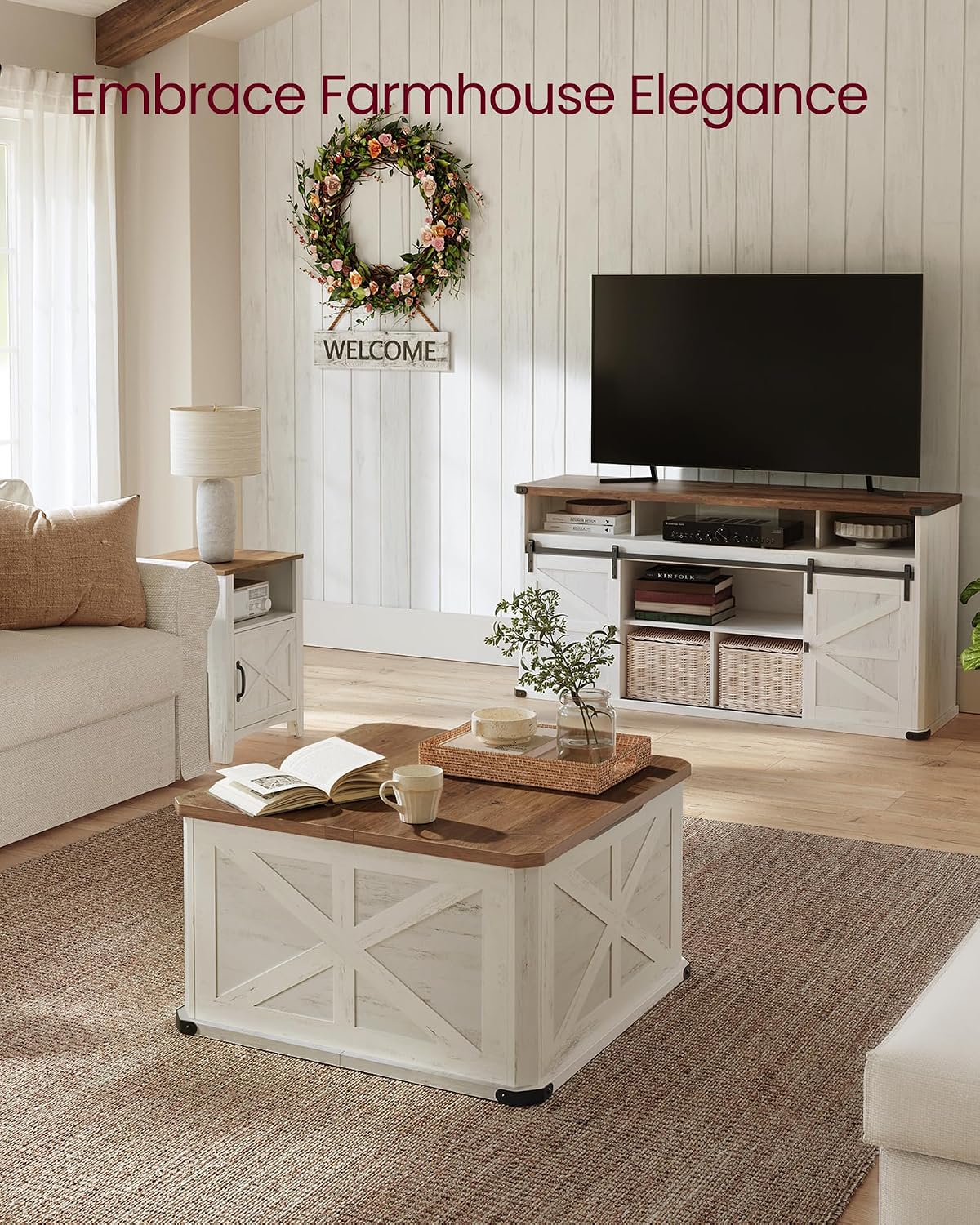 VASAGLE LIRY Collection - Farmhouse Coffee Table with Storage, Square Coffee Table for Living Room, Center Table with Flip-Top Lids, Honey Brown and Rustic White ULCT232W73