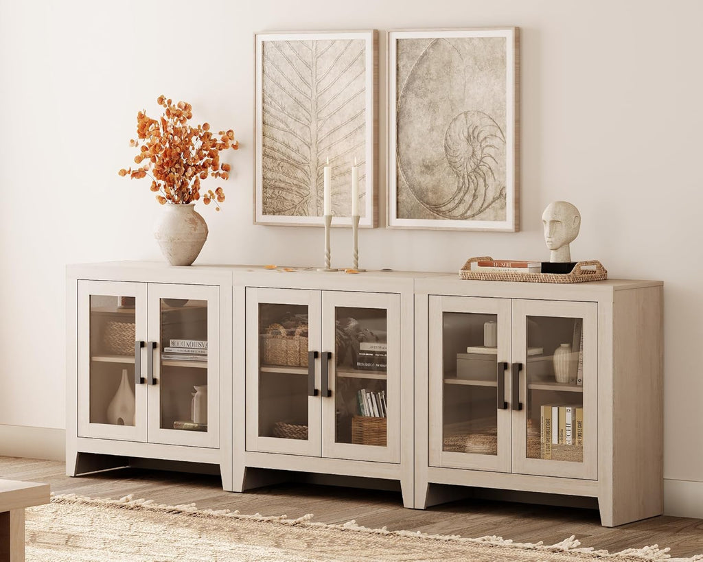 WAMPAT Buffet Cabinet with Storage, Large Sideboard Accent Cabinets with 6 Glass Doors, Modern Farmhouse Coffee Bar Cabinet, Wood Console Table for Kitchen, Dining Room, Living Room, Beige