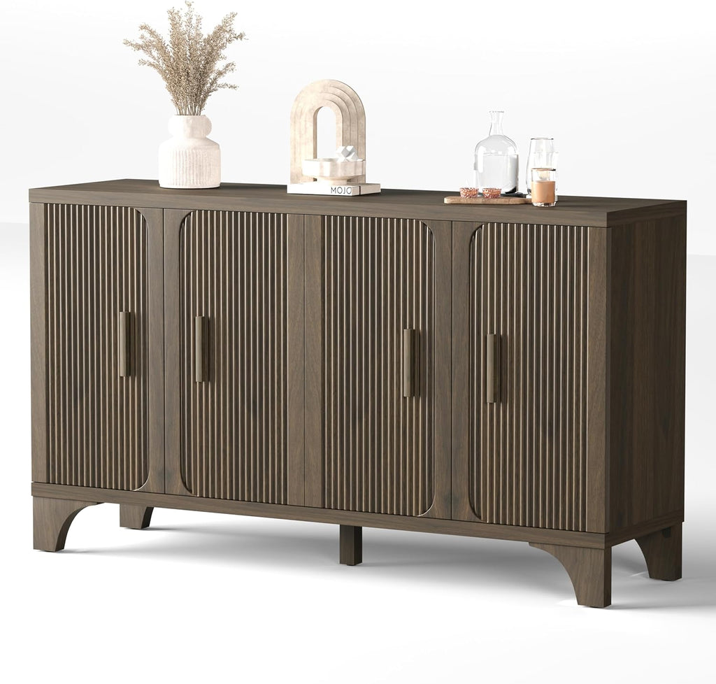 Mid Century Modern Fluted Buffet Cabinet with Storage, Accent Sideboard and Credenza Storage Cabinet with Doors, Wood Coffee Bar Console for Kitchen, Living Room (Dark Brown, 55" 4-Door)