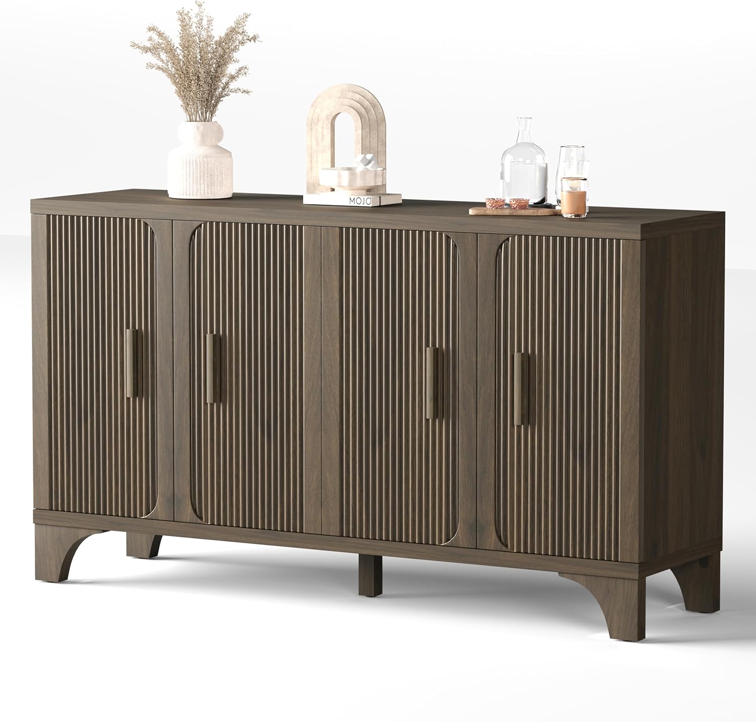 Mid Century Modern Fluted Buffet Cabinet with Storage, Accent Sideboard and Credenza Storage Cabinet with Doors, Wood Coffee Bar Console for Kitchen, Living Room (Dark Brown, 55" 4-Door)