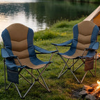 2 Pack Folding Camping Chairs for Adults - High Back Padded Outdoor Lawn Chairs with Lumbar Support & Cup Holder, 400lbs Heavy Duty Portable Camping Chairs Set (Blue & Brown, 2 PCS)