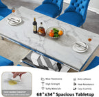 68" Marble Dining Table Set for 6, Modern Rectangle Dining Room Table Set for 6, Luxury White Silver Marble Kitchen Table and Chairs Set of 6 for Living Room,Kitchen