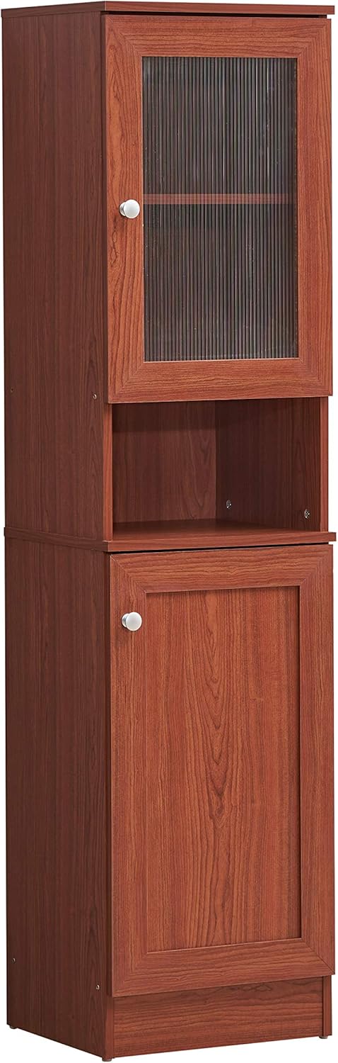 Hodedah 63"" Tall Slim Open Shelf Plus Top and Bottom Enclosed Storage Kitchen Pantry, Cherry (HIK93 Cherry)