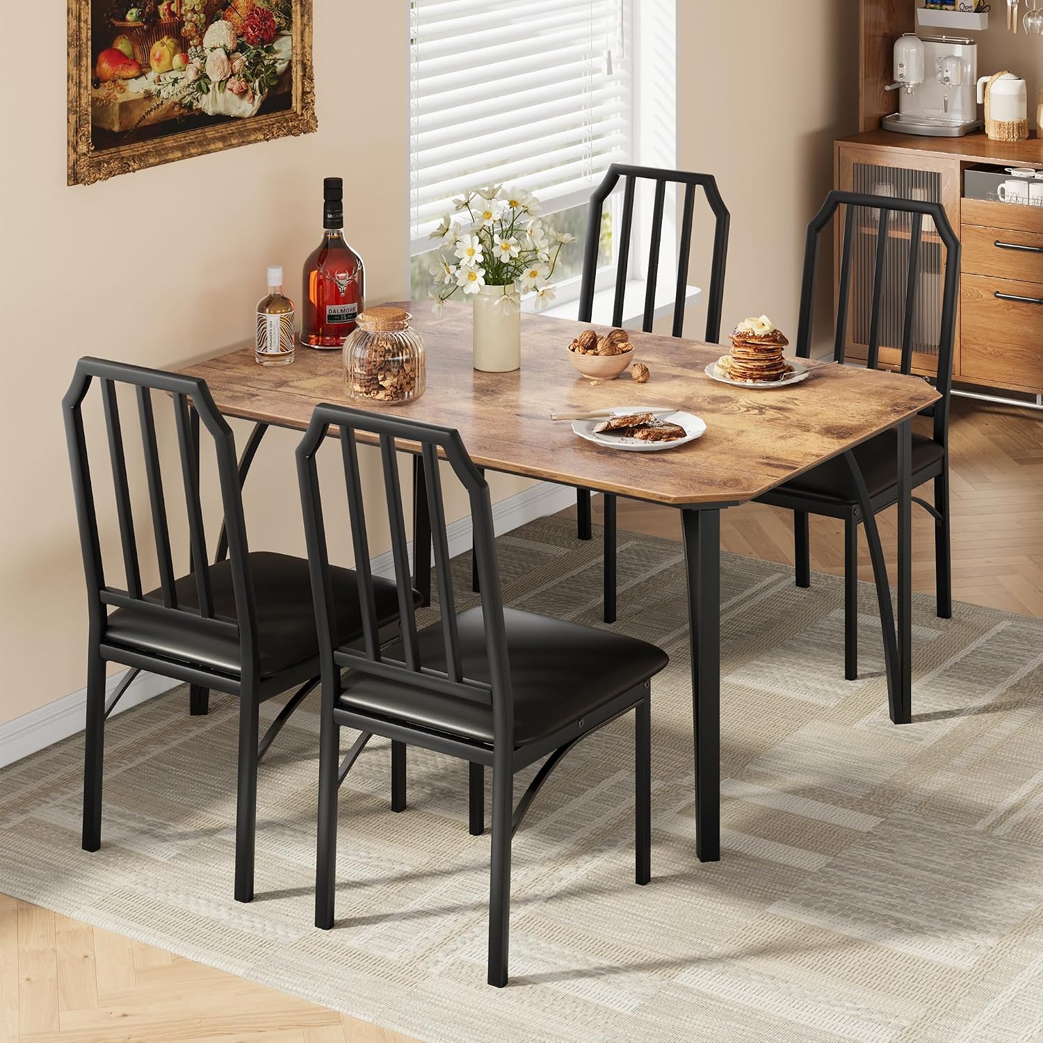 GAOMON 5-Piece Dining Table Set for 4, Modern Kitchen Table with Chamfered Design and Upholstered Chairs, Leather-Cushioned Seats for Small Spaces and Apartments, Space-Saving (Brown/Black,5 Pack)