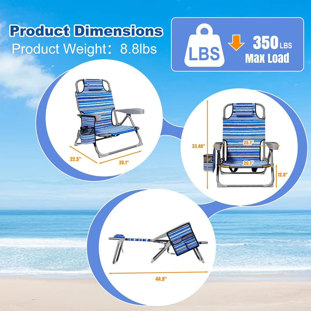 DIAMONDFORGE 2 Pack Lightweight Portable Beach Chair for Adults, 350 LBS Capacity Backpack Beach Chair, Reclining Beach Chair with 5-Position Lay Flat, Large Cup Holder for Beach Camping Sports