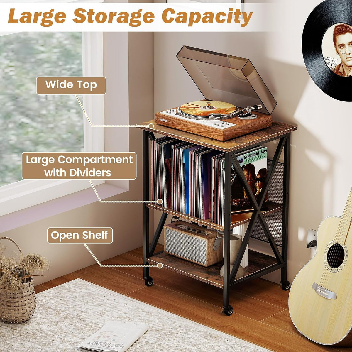 GOFLAME Record Player Stand with Power Outlet, 3-Tier Industrial Rolling Turntable Stand with 3 Vinyl Record Storage Dividers, Adjustable Shelf & Wheels for Living Room, Bedroom, Rustic Brown