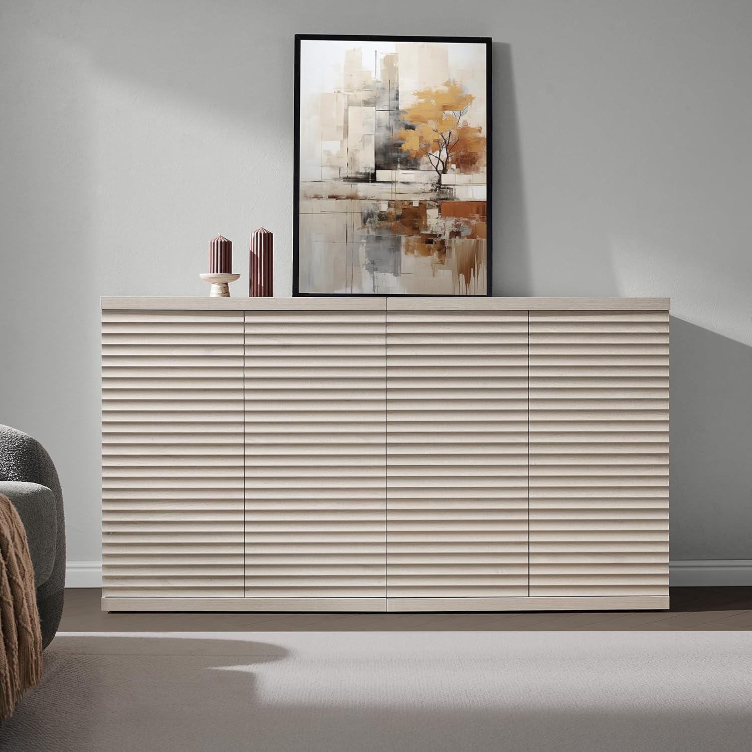 SICOTAS Buffet Cabinet with Storage Accent Sideboard Modern Credenza with Doors & Shelves Fluted Media Console Mid Century Coffee Bar Table for Living Room Kitchen Dining Room Hallway (1PCS)