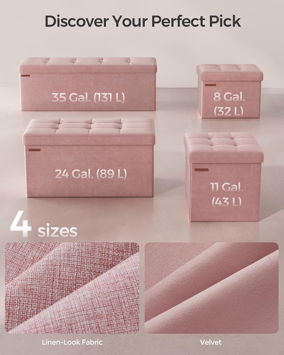 SONGMICS Storage Ottoman Bench, 43.3 Inches Velvet Foldable Foot Rest | Foot Rest, End of Bed Bench, Load up to 660 lb, Jelly Pink, MINOTA Collection ULSF277R01