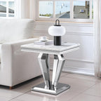 Faux Marble End Table, 23" Square White End Table with Faux Faux Marble Tabletop, Modern Sofa Side Table with Silver Stainless Steel Base & Mirrored Finish for Office Living Room