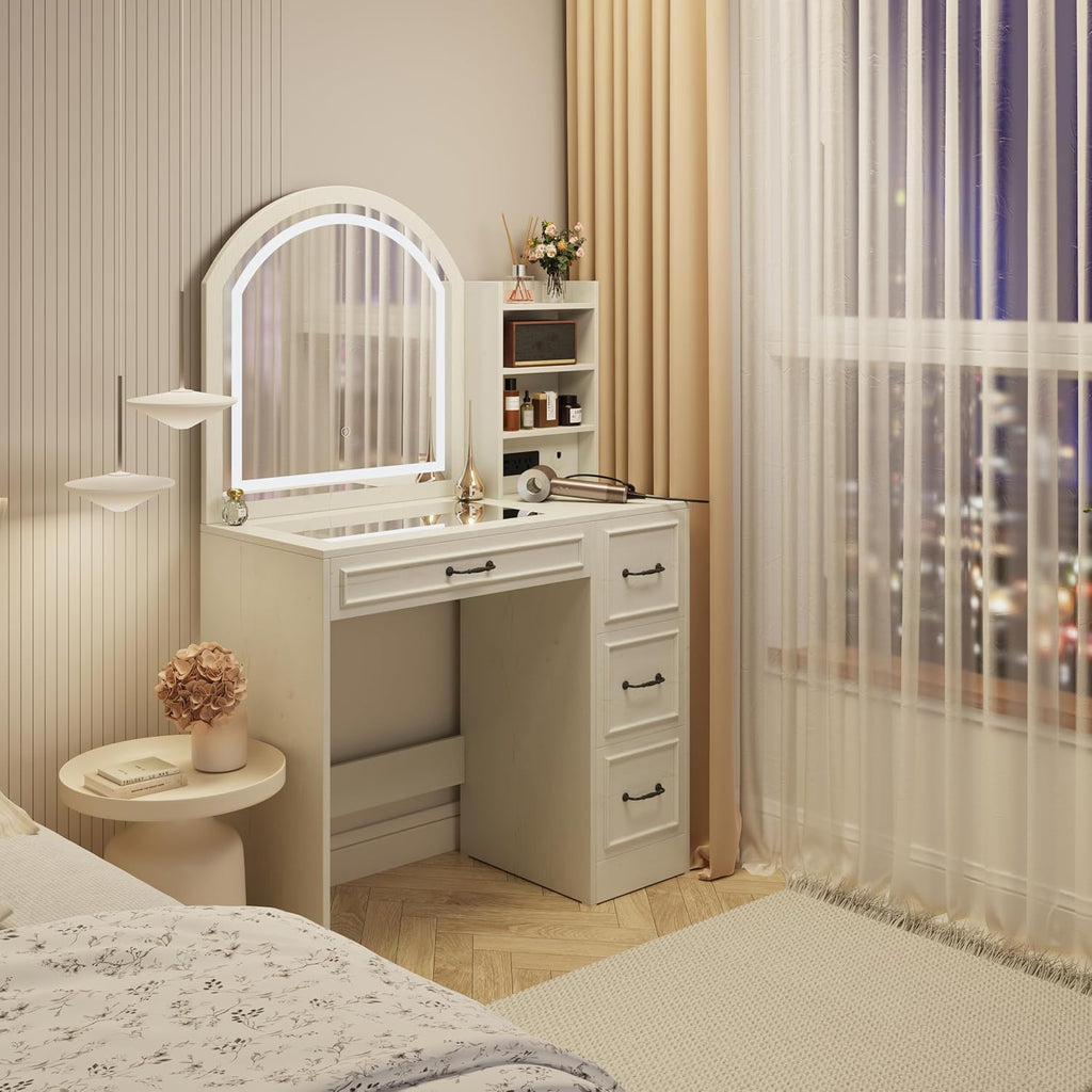 Makeup Vanity Desk with Mirror and Lights 3 Colors, Modern Dressing Table with Transparent Glass Tabletop, 4 Drawers, Power Outlet, Vanity Table for Bedroom, Bathroom