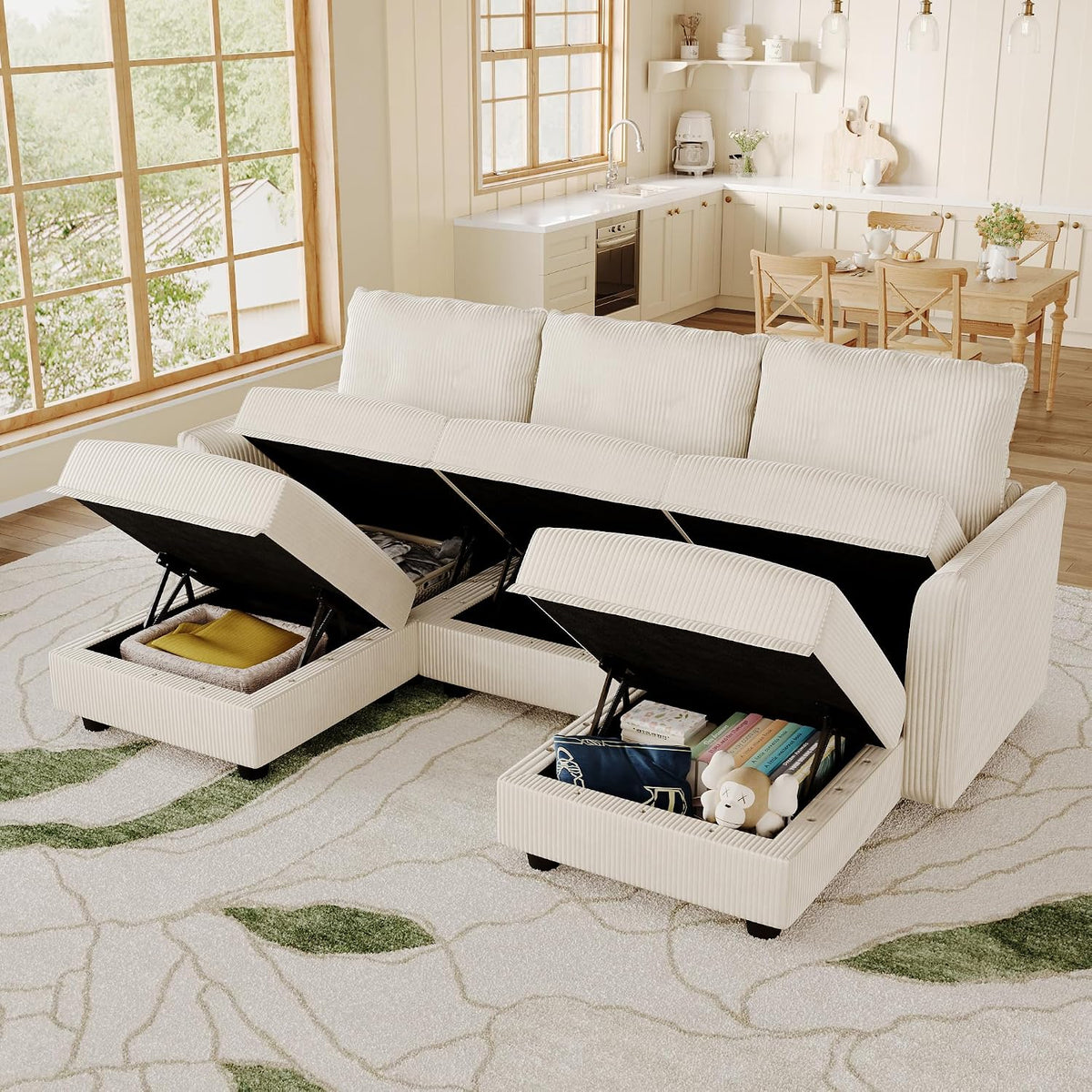 LLappuil Sectional Sofa Modular Cloud Couch with 5 Storage Seats & 3 Throw Pillows, Corduroy U Shaped Couches for Small Space, Rearrangable Apartment Sofas, Scratch Resistant, Beige