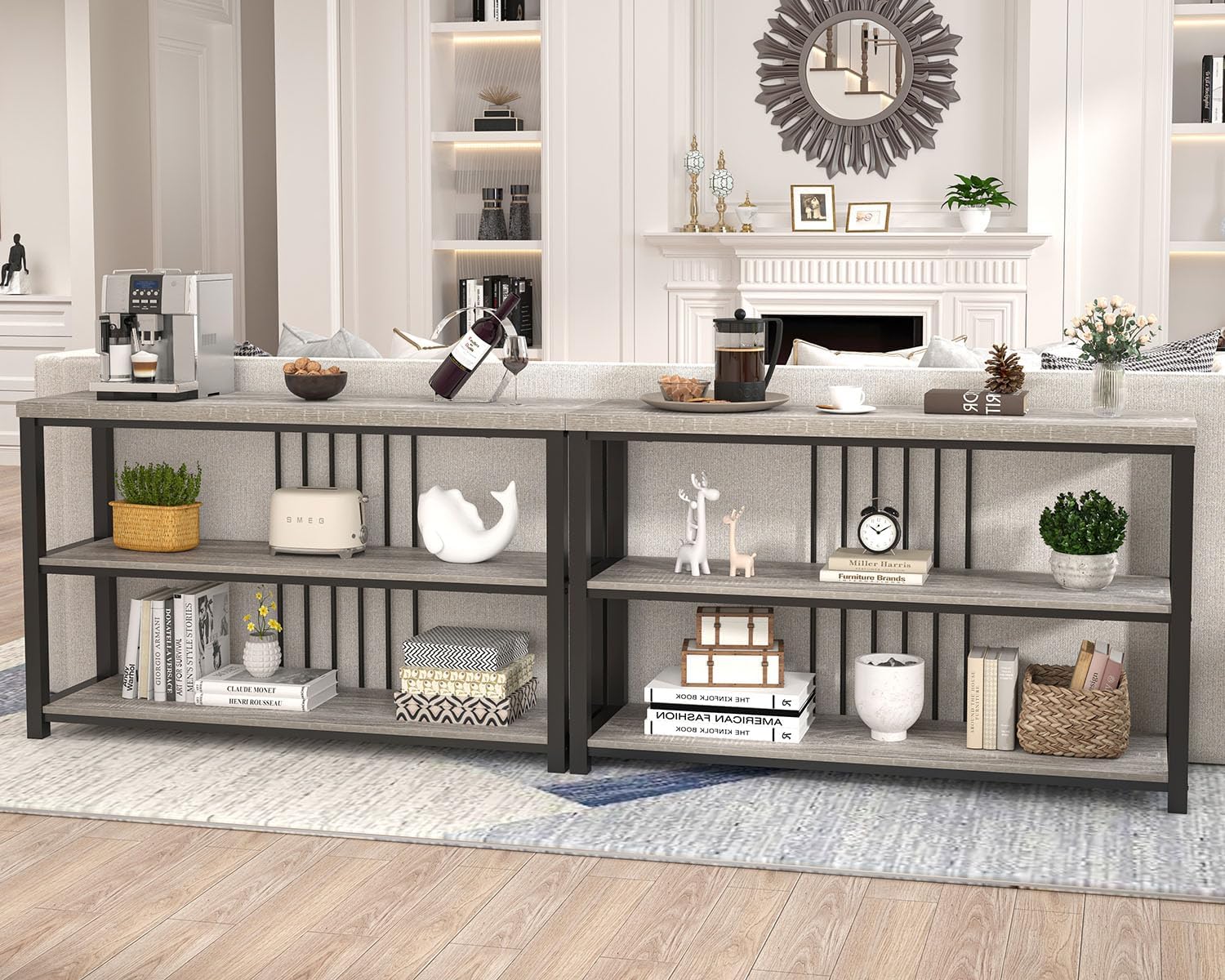 FOLUBAN Console Tables for Entryway, Sofa Table with 3 Tier Storage for Living Room Hallway Foyer Behind Couch, Rustic Light Grey