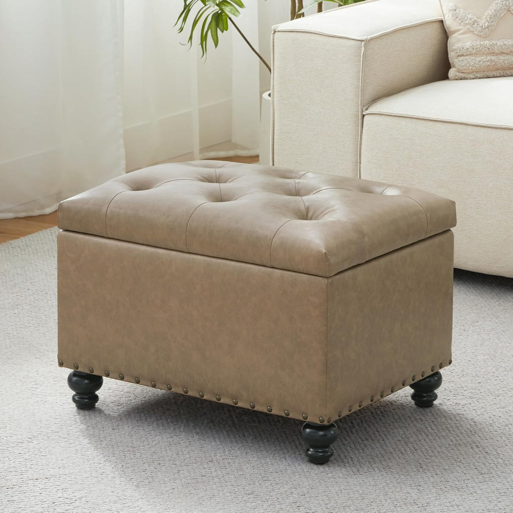 Zihanhome Leather Ottoman with Storage, Upholstered Button Tufted Ottoman Foot Rest, Foot Stools, 24" Rectangle Ottomans with Storage for Living Room, Bedroom, Dorms and Apartments (Taupe Brown-PU)