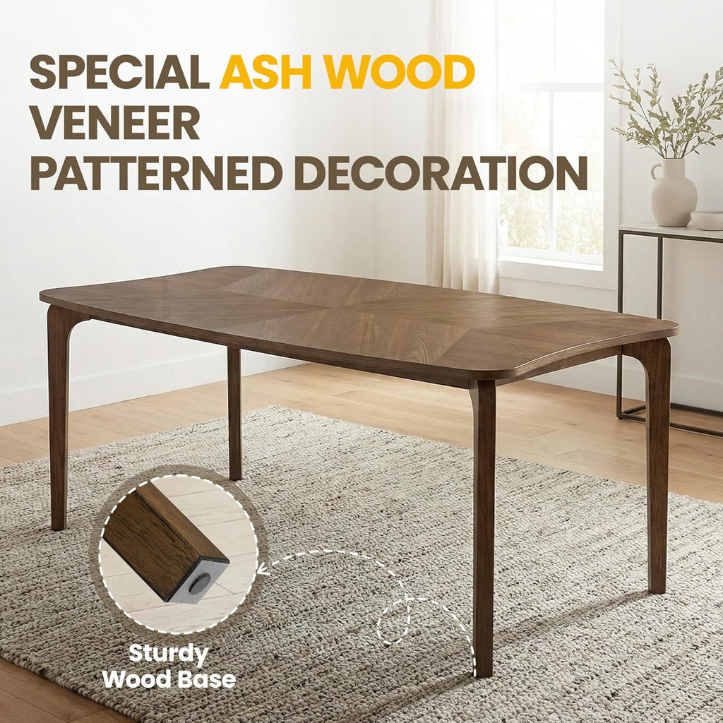 HNY Modern Curved Edge Dining Table, 63" Solid Wood Kitchen Table with Herringbone Pattern Mid-Century Rectangular Dinner Table for 6-8 People, Walnut Color Finish