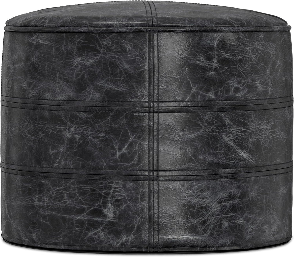 SIMPLIHOME Connor 18" Wide Round Pouf in Distressed Black Genuine Leather