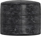 SIMPLIHOME Connor 18" Wide Round Pouf in Distressed Black Genuine Leather