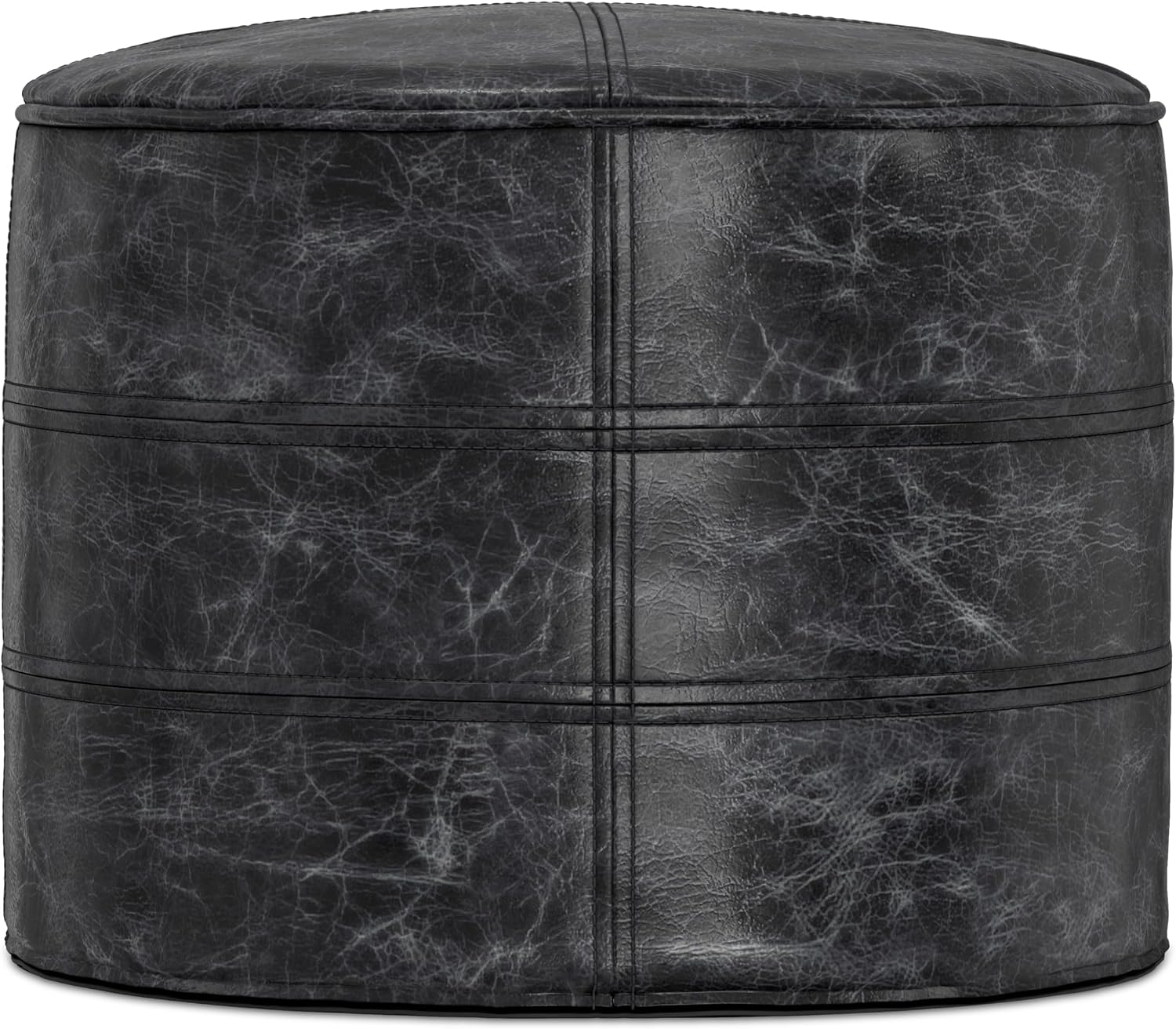 SIMPLIHOME Connor 18" Wide Round Pouf in Distressed Black Genuine Leather