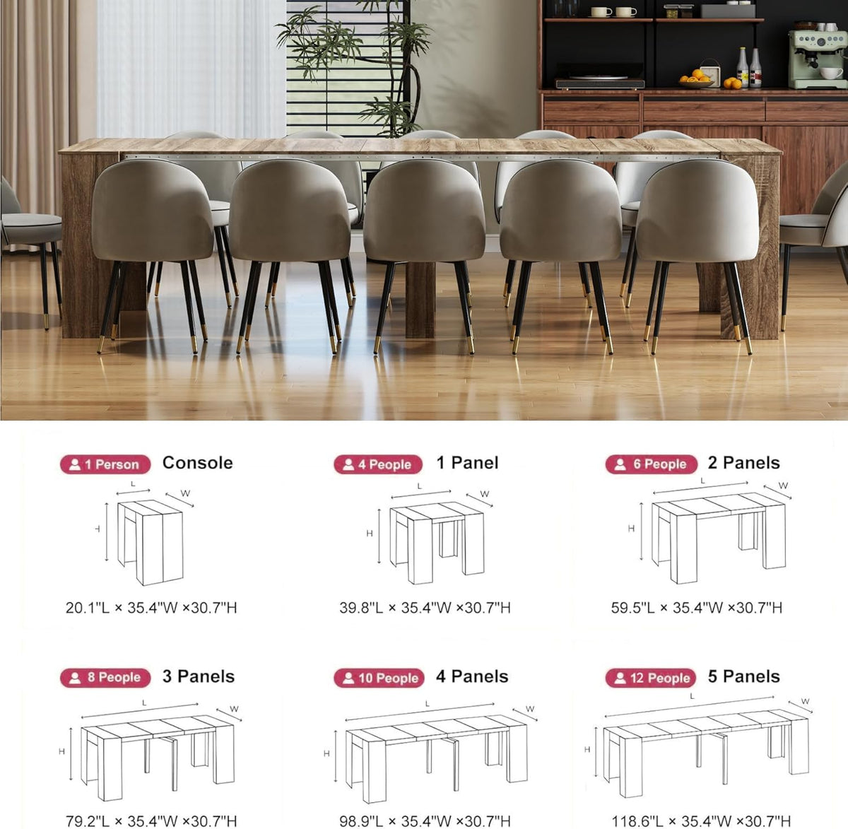Extendable Dining Table, Transformer Extra Console Table for 1-12 People, Folding Space Saving Dining Room Table for Homes, Apartments, Oak
