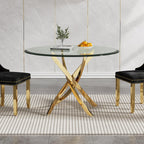 36" Glass Dining Table for 2-4, Modern Dining Room Table with 0.39" Tempered Glass Top and Cross X-Shaped Gold Stainless Steel Base, Round Kitchen Dinner Table for Dining Room