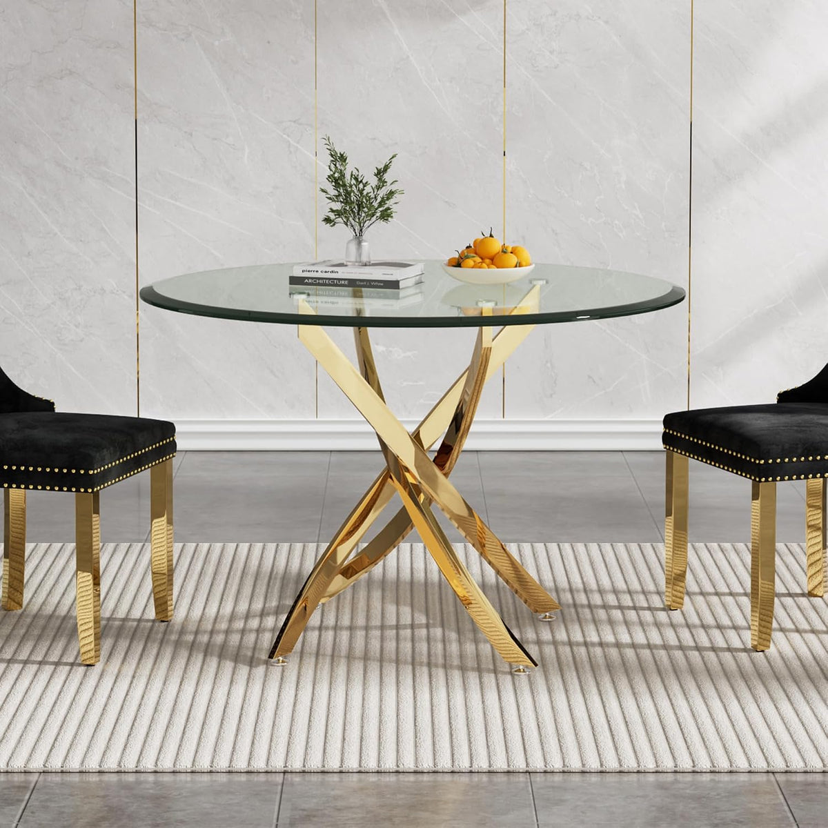 36" Glass Dining Table for 2-4, Modern Dining Room Table with 0.39" Tempered Glass Top and Cross X-Shaped Gold Stainless Steel Base, Round Kitchen Dinner Table for Dining Room