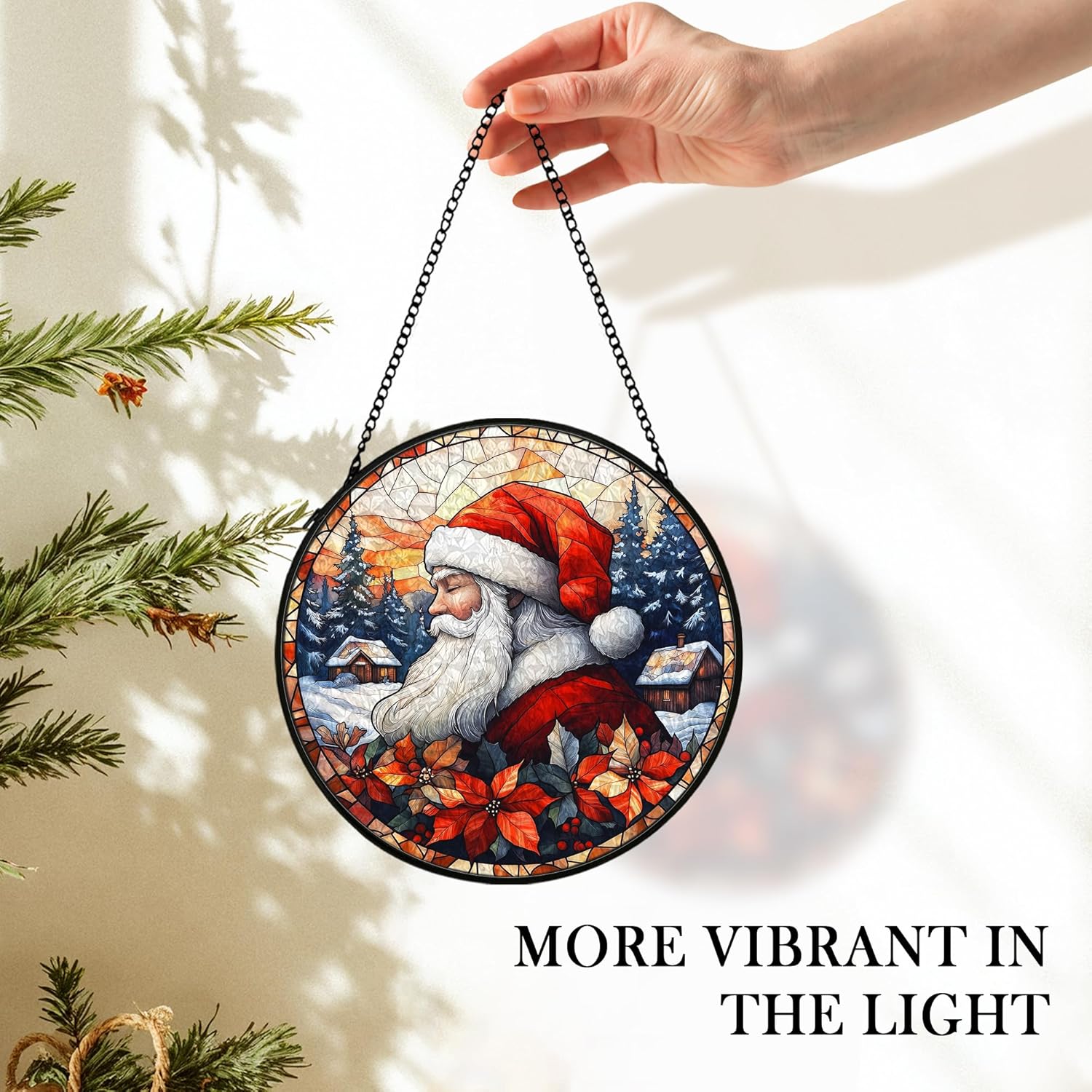 Christmas Santa Suncatcher Stained Glass Window Hanging Decor, Farmhouse Winter Xmas Santa Stained Glass Wall Decor, Christmas Garden Sun Catchers Indoor Window Hanging Wall Art Lawn, 7.9x7.9In