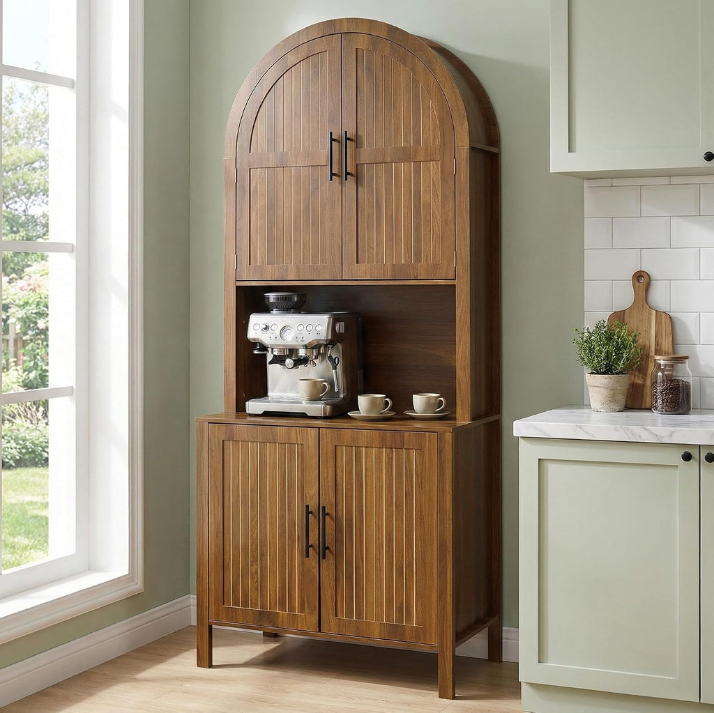 76" Tall Arched Kitchen Pantry, Large Kitchen Storage Cabinet with Fluted Doors and Microwave Stand, Modern Wood Buffet Sideboard, Adjustable Shelves, Cupboard for Dining Room, Living Room, Walnut