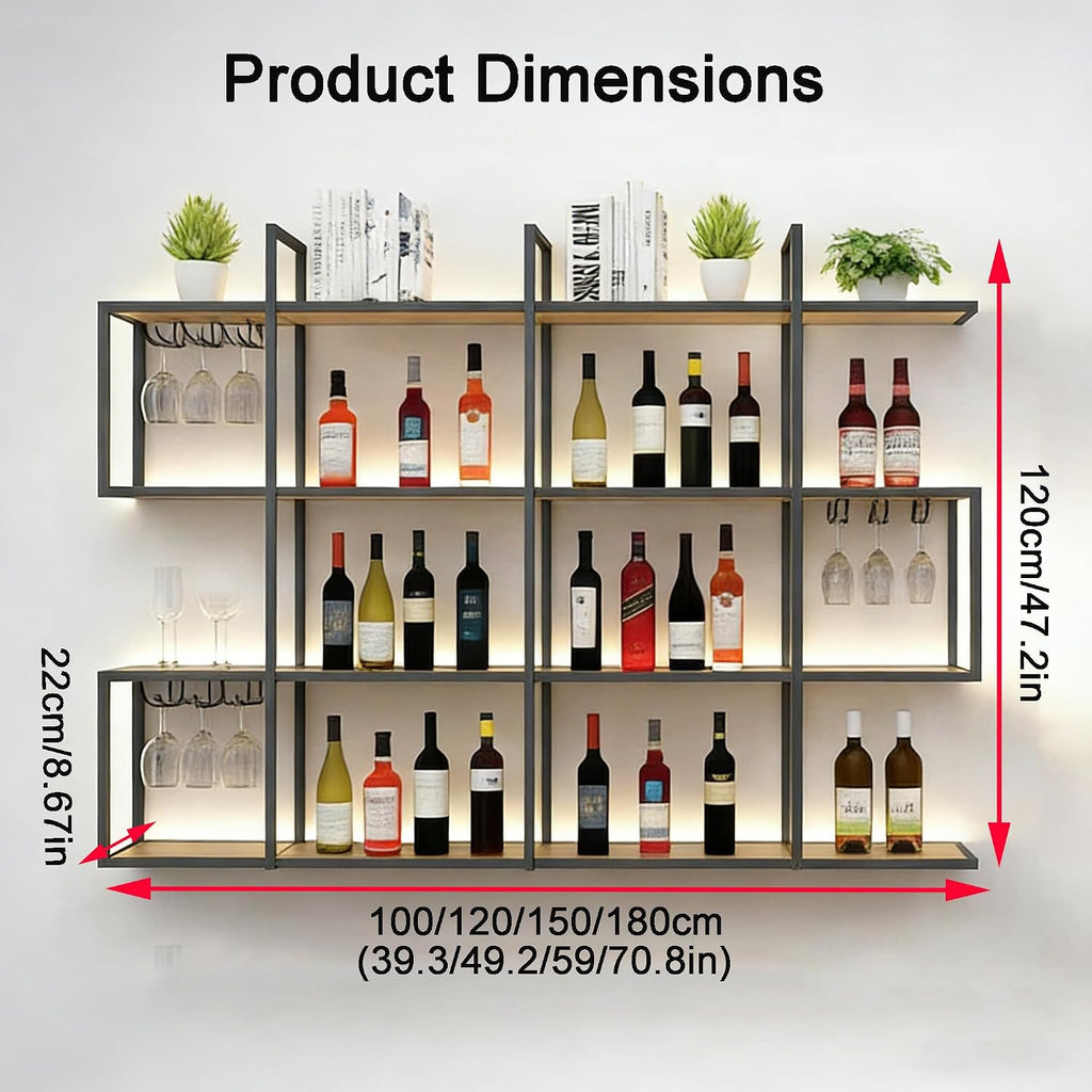 47.2 in Wall Wine Rack with LED Light, 4-Tier Metal Wine Rack with Shelves, Industrial Hanging Liquor Bottles Storage Rack Restaurant Deco (Black,120cm)