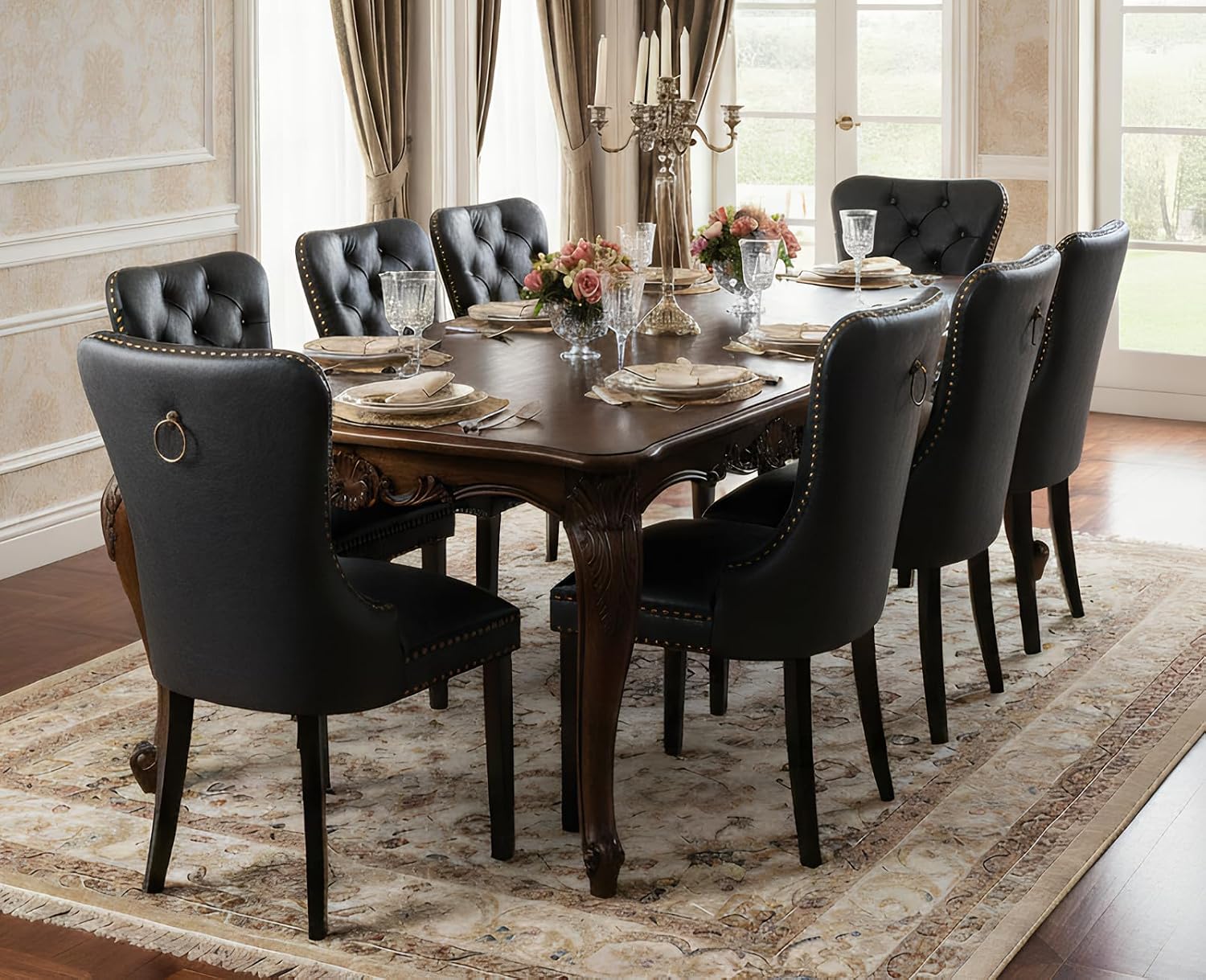 EALSON Modern Black Dining Chairs Set of 8 Mid Century Leather Dining Room Chairs with Wood Legs Tufted Upholstered Kitchen Side Chairs with Nail Head Trim for Dining Room/Living Room, Back with Ring