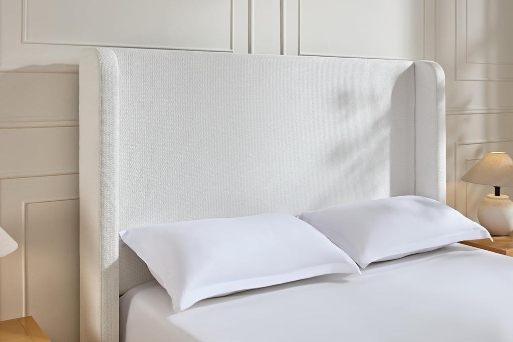 Queen Size Upholstered Bed Frame, 54" High Headboard Carmen Wingback Bed Frames, Tall Headboard Floor Platform Beds, No Box Spring Needed No Noise, Simplicity Minimalist, Cream White
