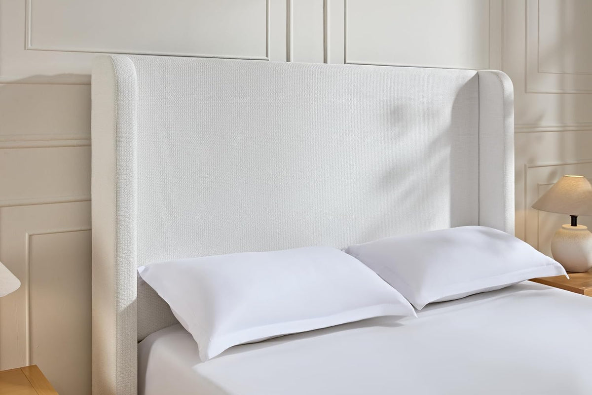 Queen Size Upholstered Bed Frame, 54" High Headboard Carmen Wingback Bed Frames, Tall Headboard Floor Platform Beds, No Box Spring Needed No Noise, Simplicity Minimalist, Cream White