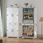 71" Tall Kitchen Pantry Storage Cabinet with Drawer & 4 Barn Doors, Freestanding Storage Cupboard with Adjustable Shelves, Large Capacity Floor Cabinet for Kitchen, Dining Room, Bathroom, White