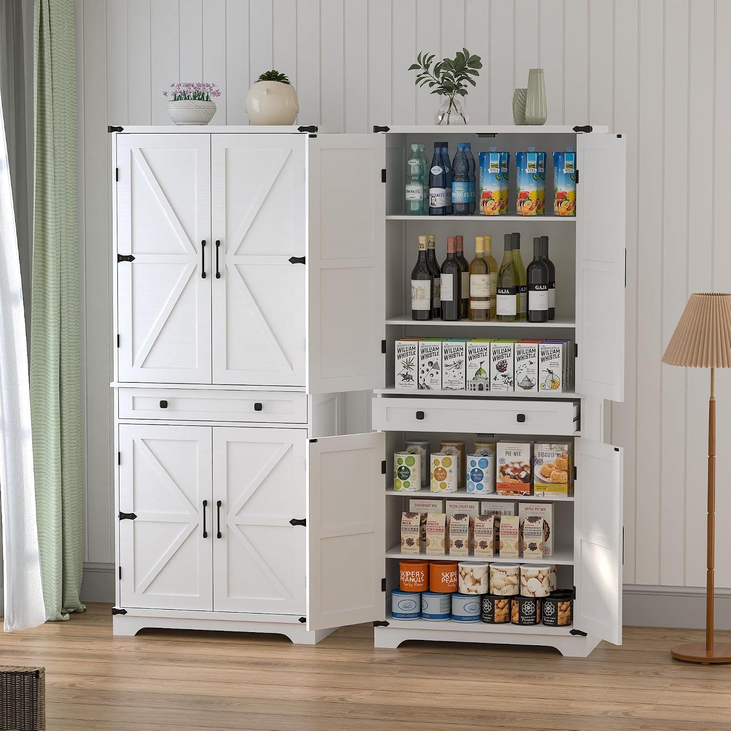 71" Tall Kitchen Pantry Storage Cabinet with Drawer & 4 Barn Doors, Freestanding Storage Cupboard with Adjustable Shelves, Large Capacity Floor Cabinet for Kitchen, Dining Room, Bathroom, White