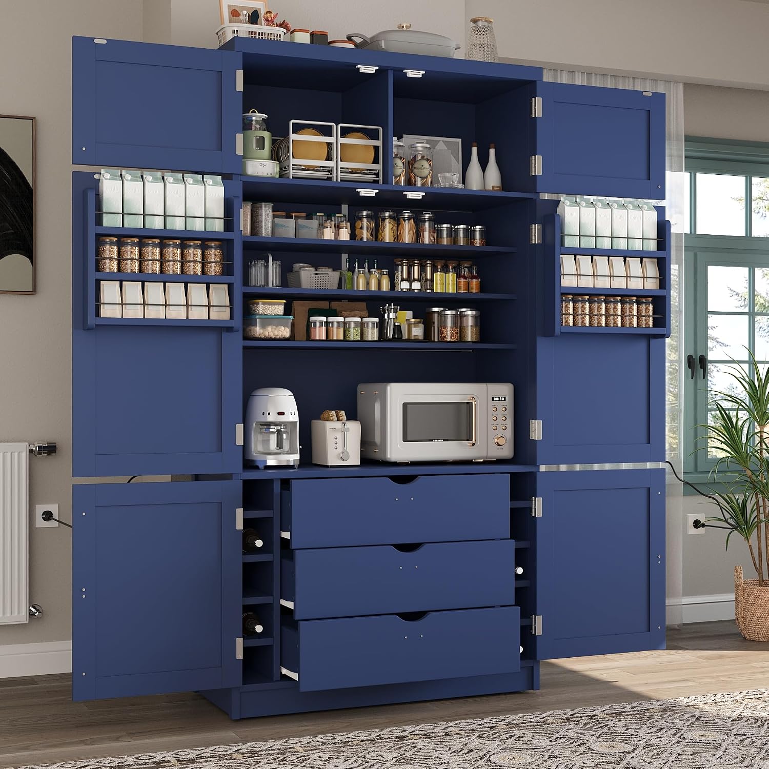 JIJIWANG 70.9" H Farmhouse Freestanding Kitchen Pantry Storage Cabinet with Drawers and Shelves, Buffet with 8 Pull-Out Trays and 4 Doors Blue