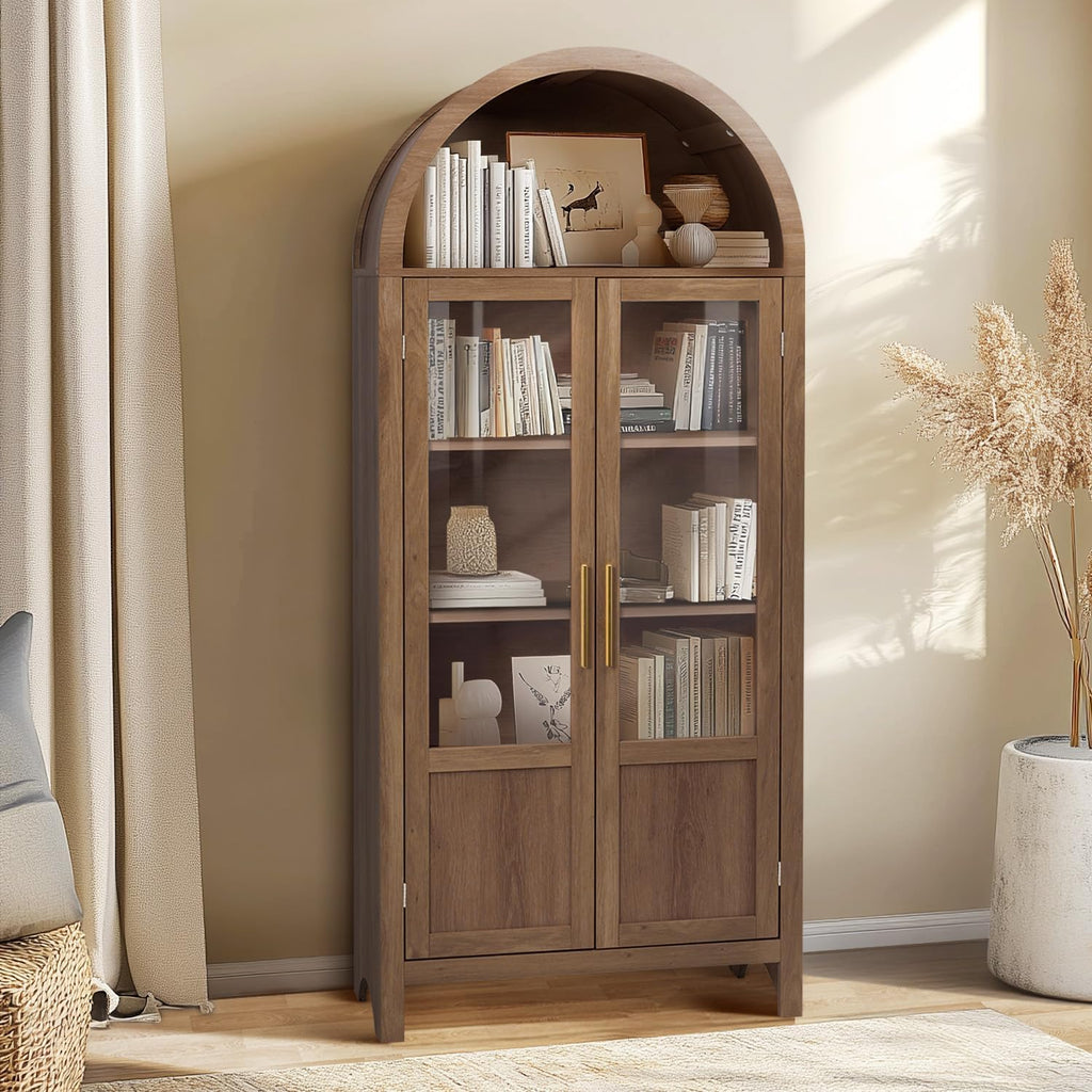 Arched Storage Cabinet with 2 Doors and 5-Tier Shelves for Living Room, 71" Tall Wooden Pantry Cabinet for Dining Room and Kitchen, Floor Bathroom Organizer, Brown
