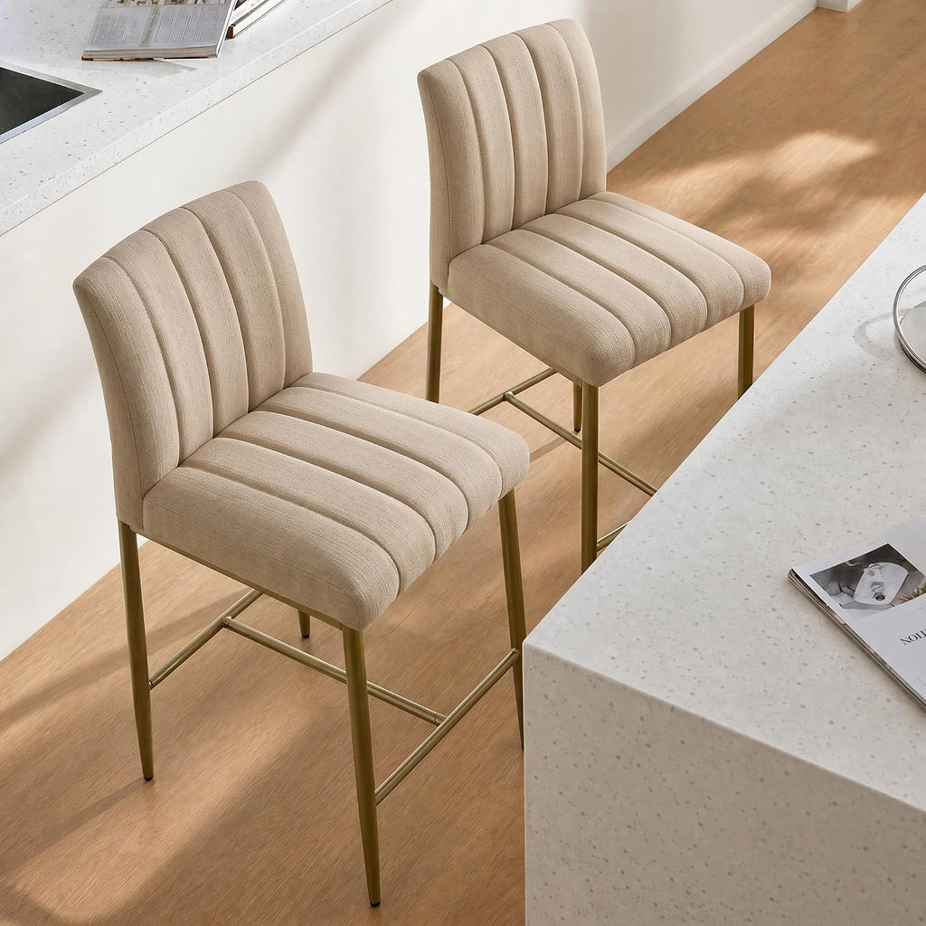 GrandNoor Comfortable Bar Stools Set of 2, 26” Thick Upholstered Counter Height Bar Stools with Back, Linen Counter Stools with Metal Legs for Kitchen Island, Khaki