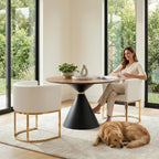 HNY Round Dining Table, 37.5" Modern Coffee Table with Walnut Inlay Tabletop & Matte Black Hourglass Base, Small Accent Table Compact Tables for Living Room, Bedroom, Balcony, Small Space