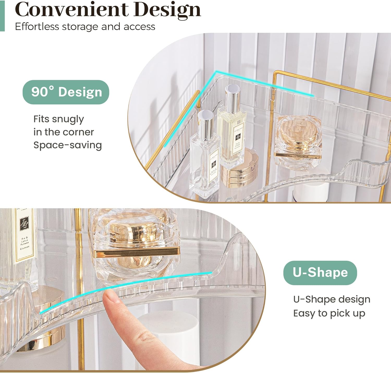 Aveniee Corner Bathroom Counter Organizer, Bathroom Countertop Shelf Makeup Storage, Clear Perfume Tray Holder (3 Tiers, White)