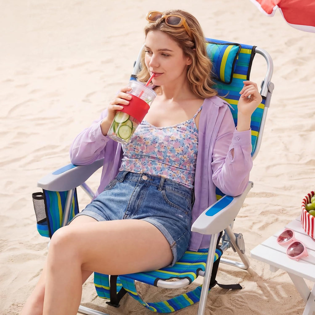 Portable Beach Chair for Adults, Outdoor Lightweight Camping Chair Lay Flat Folding Backpack Beach Reclining Chair with 5 Positions, Headrest, Zipper Pouch, Cup Holder, NEW Striped