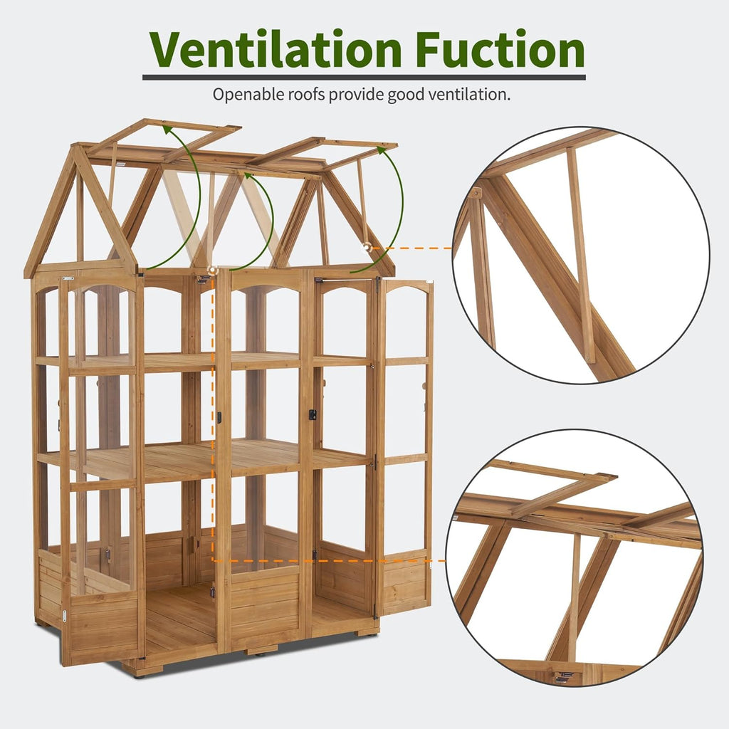 MCombo Wooden Greenhouse, Outdoor Greenhouse with Adjustable Roof Vent and 6 Lockable Door for Backyard/Outdoor Use, (48 x 38.8 x 83.9 Inches) 0851 (Natural)