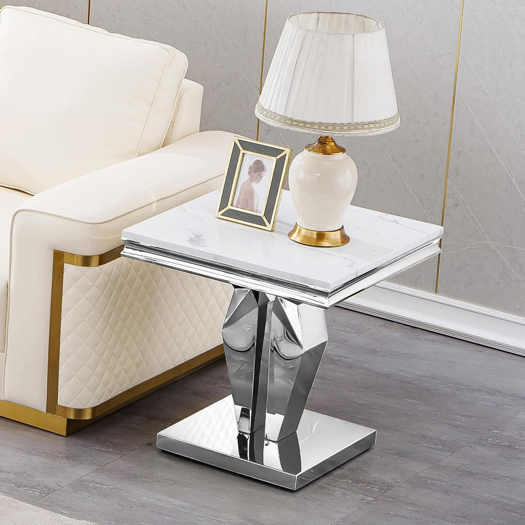 23in Faux Marble End Table w/Y Stainless Steel Base, Night Stand Square End Table for Living Room Modern White and Silver Sofa Side Table witn High Glossy White Square Accent Table Bedside Table