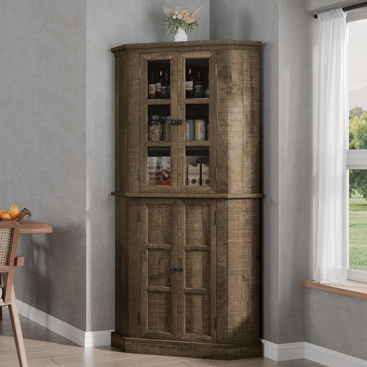Betterhood Corner Cabinet, 67" Tall Kitchen Pantry Storage Cabinet with Glass Doors and Adjustable Shelves, Freestanding Food Pantry Farmhouse Furniture for Kitchen,Living Room, Rustic Brown