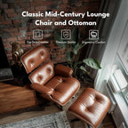 Top Grain Leather, Mid Century Chaise Lounge Chair and Ottoman, Reading Chair, Accent Chair, Modern Classic Chair, Heavy Duty Base Support for Living Room Lounge Office, Walnut-Brown, Heightening