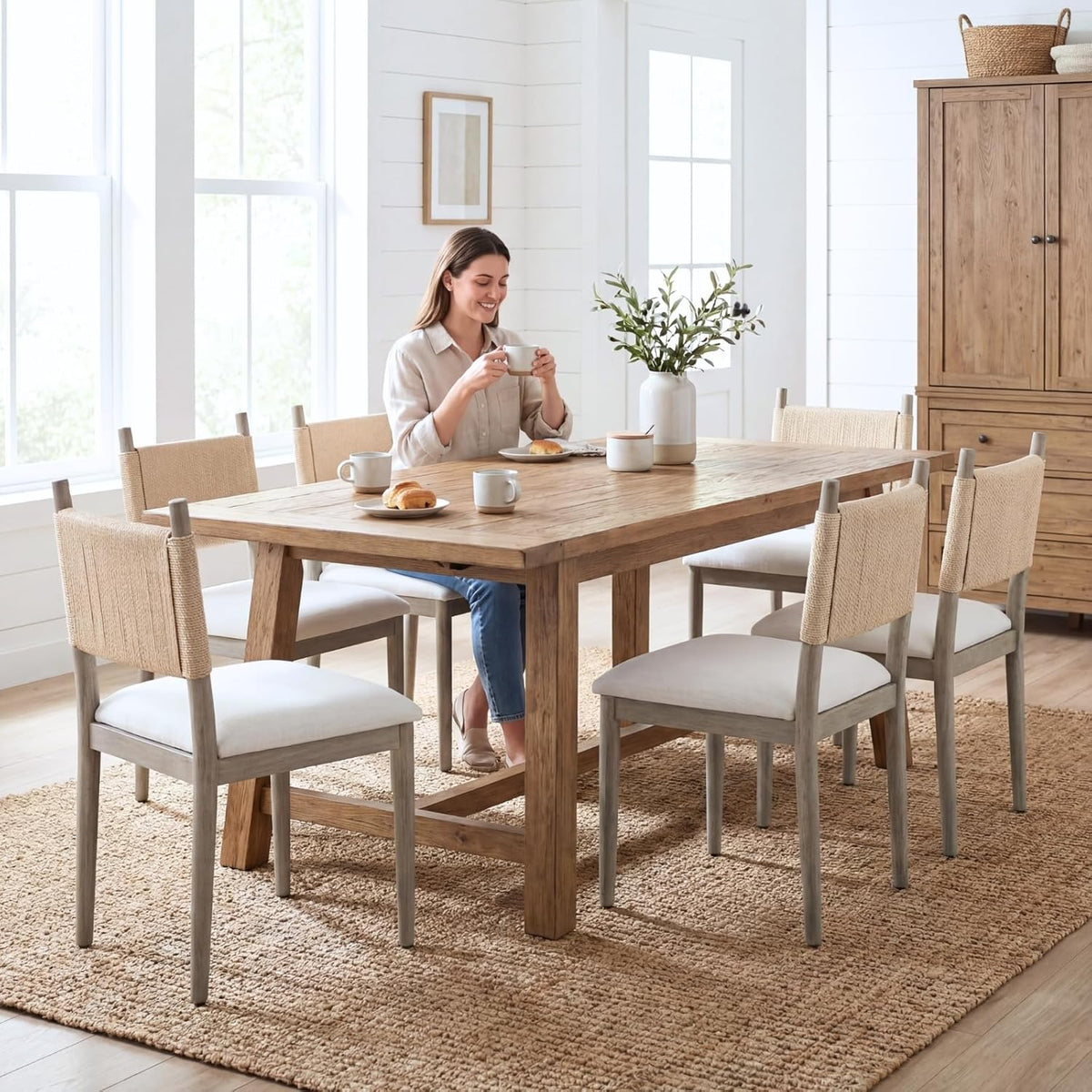 chairus Boho Coastal Dining Chairs Set of 2, Linen Upholstered Dining Room Chairs with Woven Rope Back, Modern Farmhouse Kitchen Side Chairs, Weathered Gray Wood
